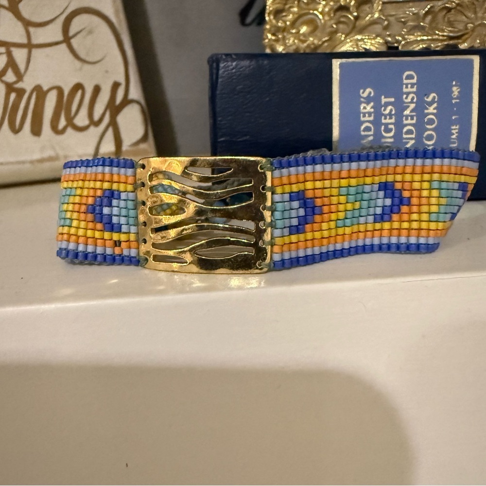 Colorful Mishky Beaded Bracelet With Gold Tone Plate and Eye Beads